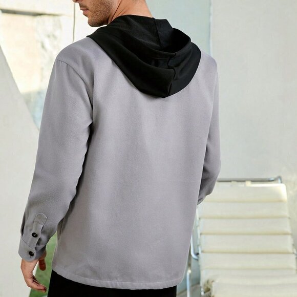 Grey Casual Mens Flap Detail Hooded Coat - Picture 4 of 5